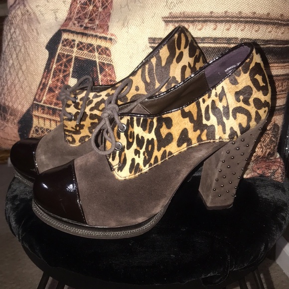 Naughty monkey. Leopard print fur studded lace up shoes - Picture 1 of 5